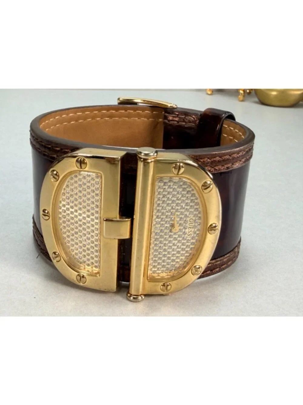 Guess Wide Cuff Watch Brown Leather Gold Tone Statement Watch